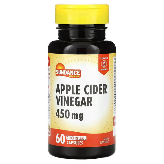 Sundance Vitamins Apple Cider Vinegar 450 mg quick release capsules in a bottle, dietary supplement for health support.