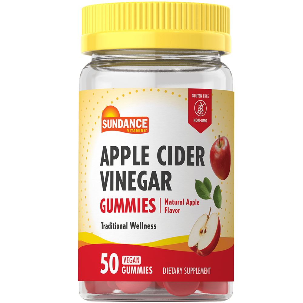 Sundance Vitamins® Apple Cider Vinegar Gummies in natural apple flavor, supplement bottle with colorful gummies inside.