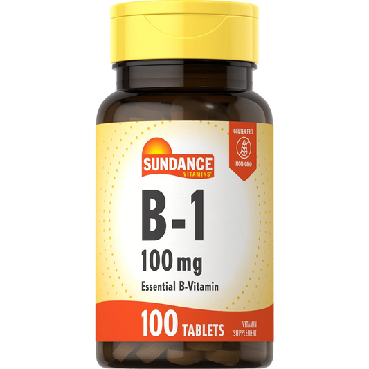 Sundance Vitamins B-1 100 mg energy metabolism tablets in a bottle, supplement for energy support and vitamin B1 intake