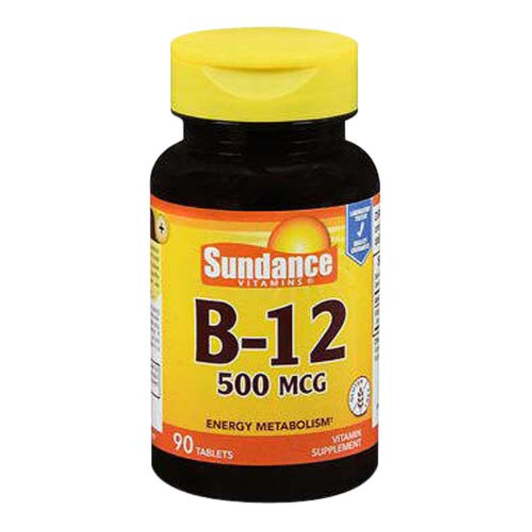 Sundance Vitamins B-12 500 mcg tablets for energy and metabolism support, natural supplement from Pasteur Pharmacy.