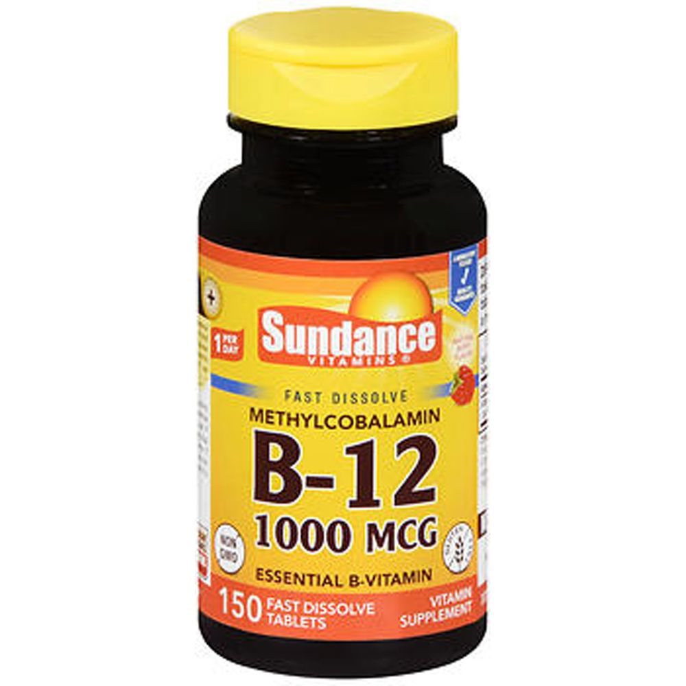 Sundance Vitamins B-12 Tbs 1000mcg supplement bottle from Pasteur Pharmacy, showing the label and product packaging.