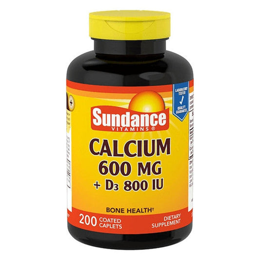 Sundance Vitamins Calcium 600mg with D3 800 IU capsules, dietary supplement in a bottle, designed to support bone health