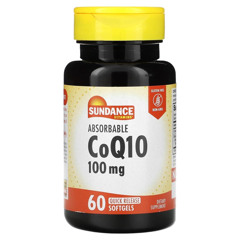 Sundance Vitamins CoQ10 100 mg Plus softgels for cardiovascular health and energy support, displayed in a bottle.