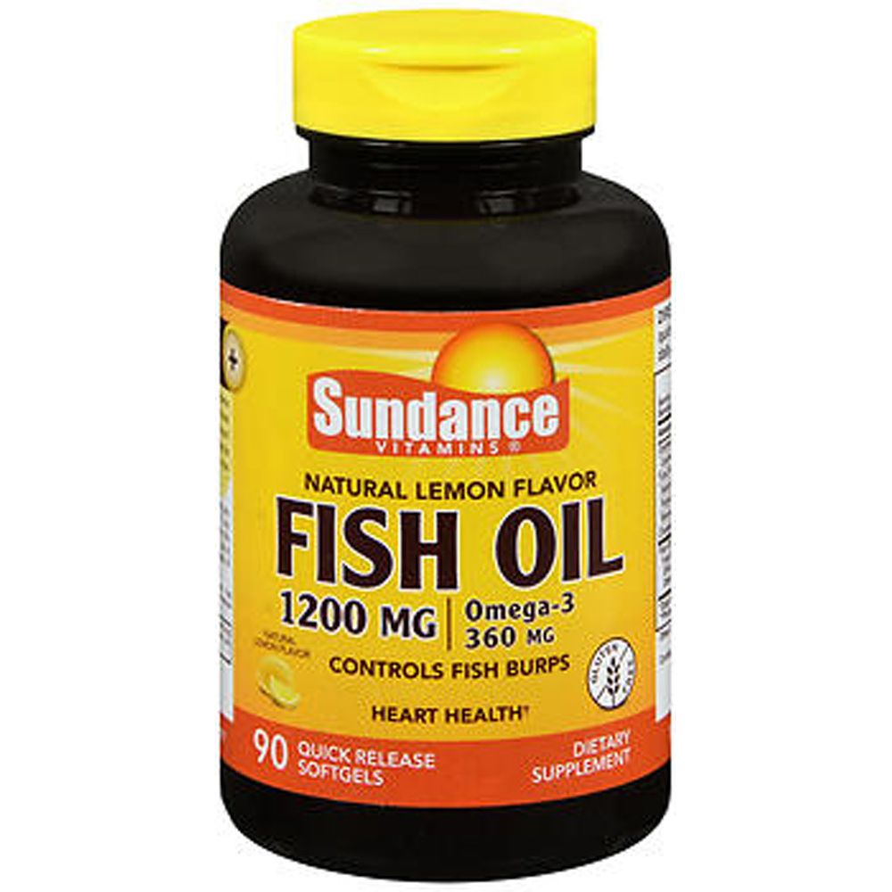 Sundance Vitamins Fish Oil 1200 Mg Omega 3 softgels with natural lemon flavor, dietary supplement for heart and brain health.