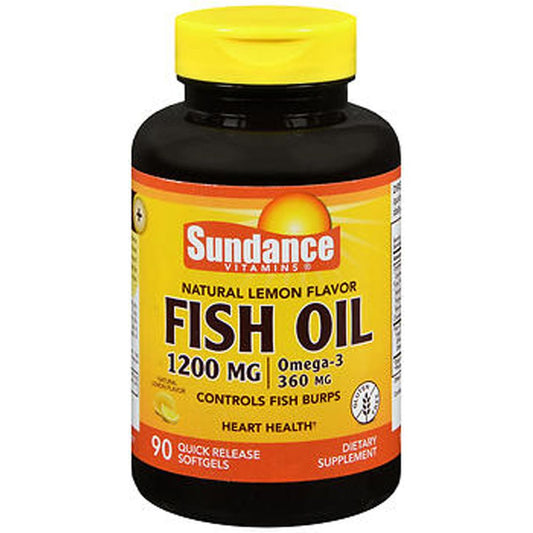 Sundance Vitamins Fish Oil 1200 Mg Omega 3 softgels with natural lemon flavor, dietary supplement for heart and brain health.