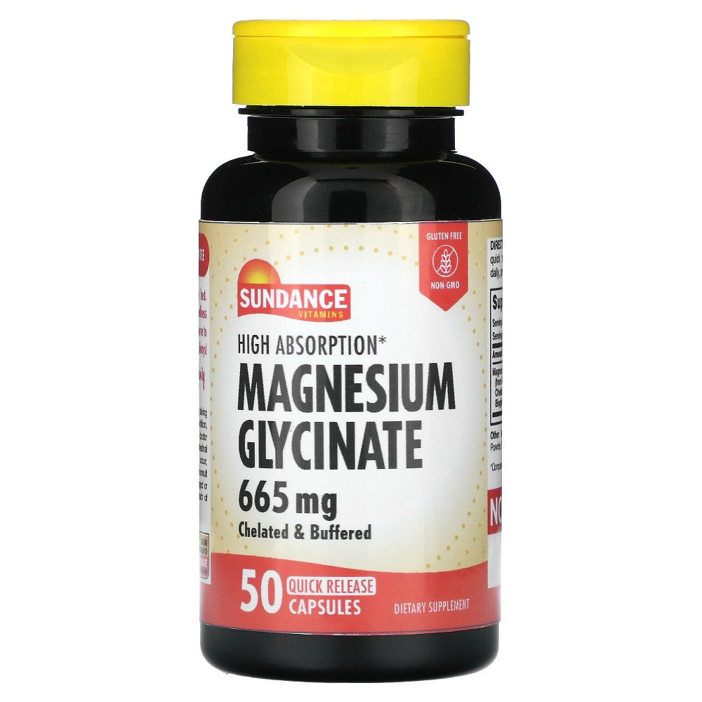 Sundance Vitamins high absorption magnesium glycinate capsules in a bottle, supplement for muscle and nerve support.