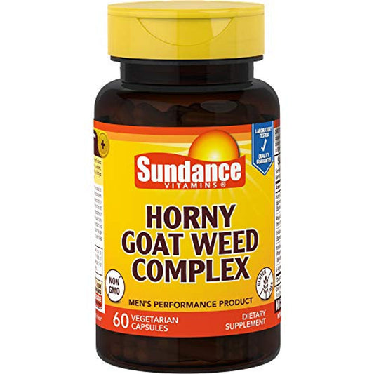 Sundance Vitamins Horny Goat Weed Complex capsules, dietary supplement in a bottle, by Pasteur Pharmacy for overall wellness.
