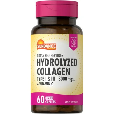 Sundance Vitamins Hydrolyzed Collagen Coated Caplets in a bottle, 1000 Mg, 60 count, dietary supplement for skin and joint health