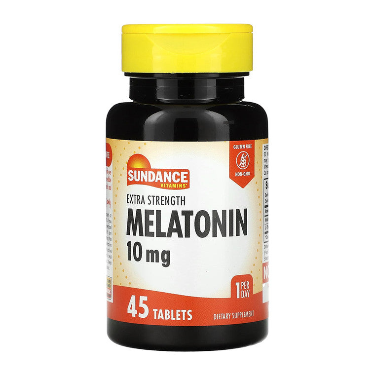 Sundance Vitamins Melatonin 10 mg supplement in a bottle of 45 tablets, designed to support sleep and relaxation.