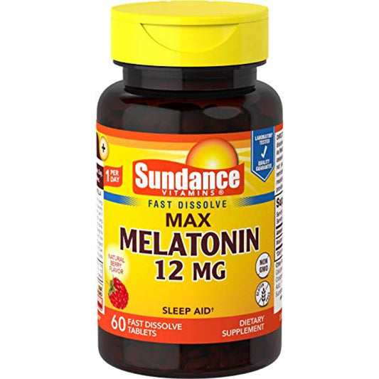 Sundance Vitamins® Melatonin 12 mg tablets in a bottle, dietary supplement for sleep support, by Pasteur Pharmacy.