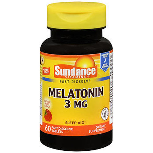 Sundance Vitamins® Melatonin 3 mg natural berry flavor supplement bottle with label and cap, showing supplement details.
