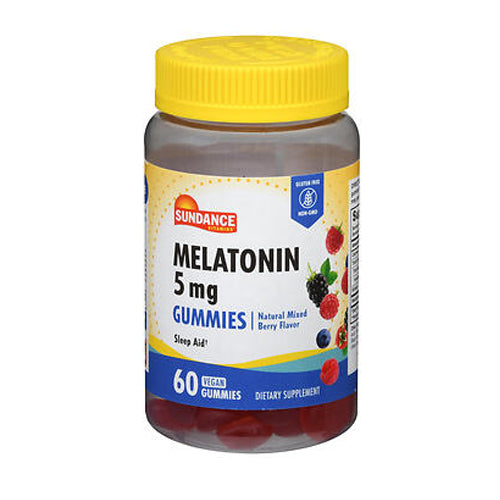 Vegan Melatonin Gummies by Sundance Vitamins® with 5 mg melatonin, in colorful fruit-flavored gummy form.