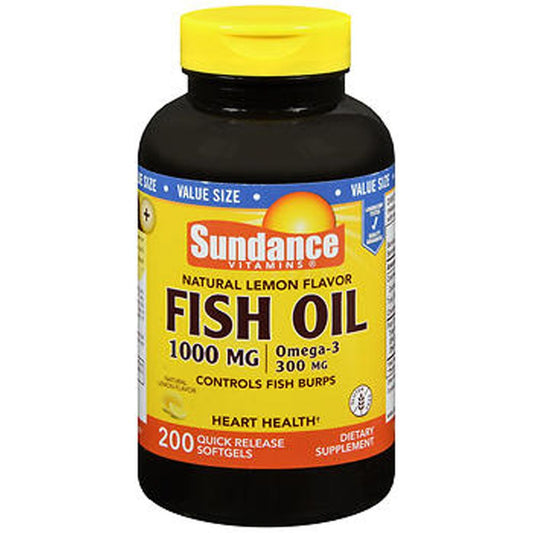 Sundance Vitamins Natural Lemon Fish Oil 1000 Mg supplement bottle from Pasteur Pharmacy, showing the label and capsule images