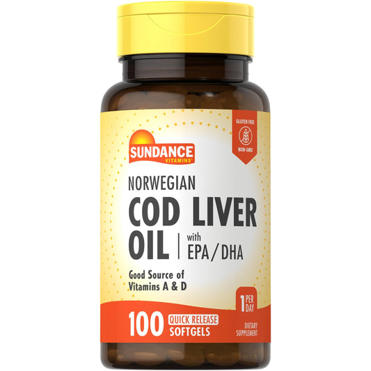 Sundance Vitamins Norwegian Cod Liver Oil softgels in a bottle, part of vitamins and supplements by Pasteur Pharmacy.