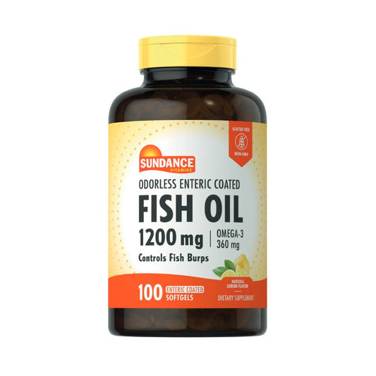 Odorless fish oil Omega-3 softgels in a bottle, dietary supplement from Sundance Vitamins by Pasteur Pharmacy, 100 softgels