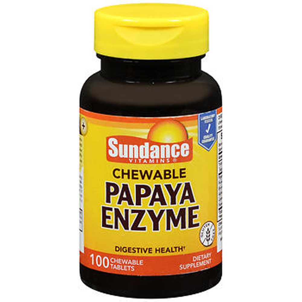 Sundance Vitamins Papaya Enzyme Chewable Tablets from Pasteur Pharmacy, dietary supplement with natural papaya enzyme for digestion.