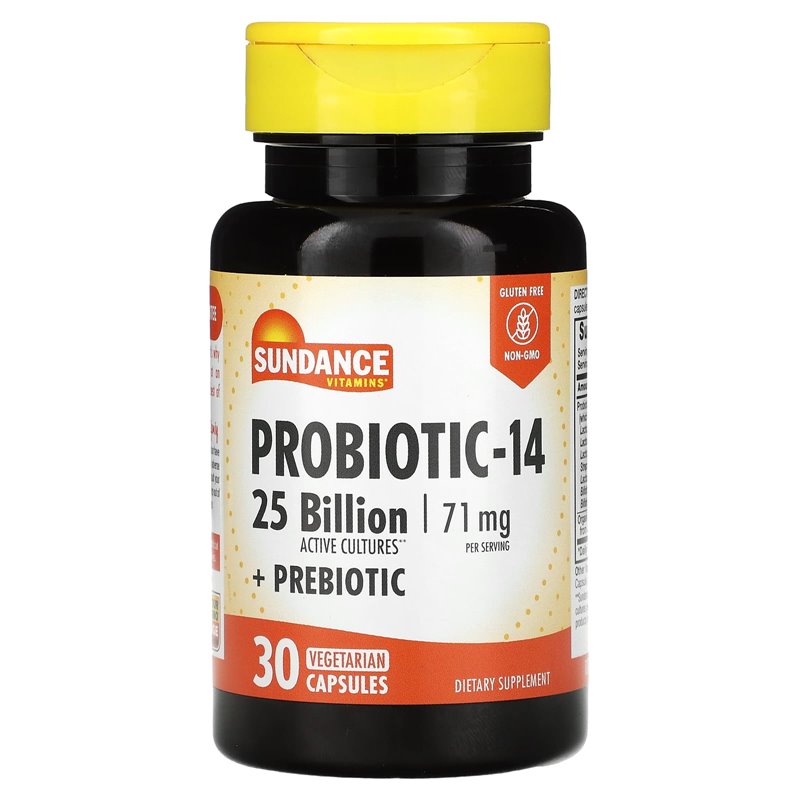 Sundance Vitamins Probiotic-14 Vegetarian supplement bottle with 30 capsules, in a natural setting on a white background.