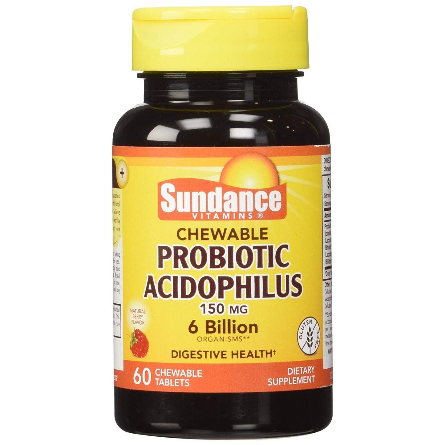 Sundance Vitamins Probiotic Acidophilus chewable tablets in a bottle, dietary supplement for digestive health.