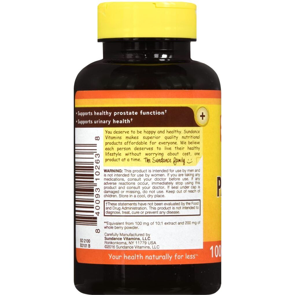 Sundance Vitamins Saw Palmetto 1200 mg supplement bottles with 100 capsules, natural dietary supplement for men's health.