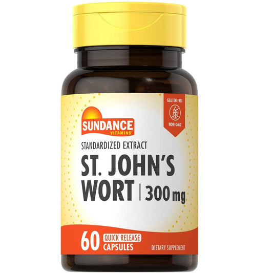 Sundance Vitamins St. John’s Wort 300 mg capsules, herbal supplement in a bottle, natural remedy for mood support.