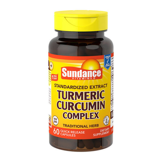 Bottle of Sundance Vitamins Turmeric Curcumin Complex supplement in a container with a label, featuring turmeric root images.