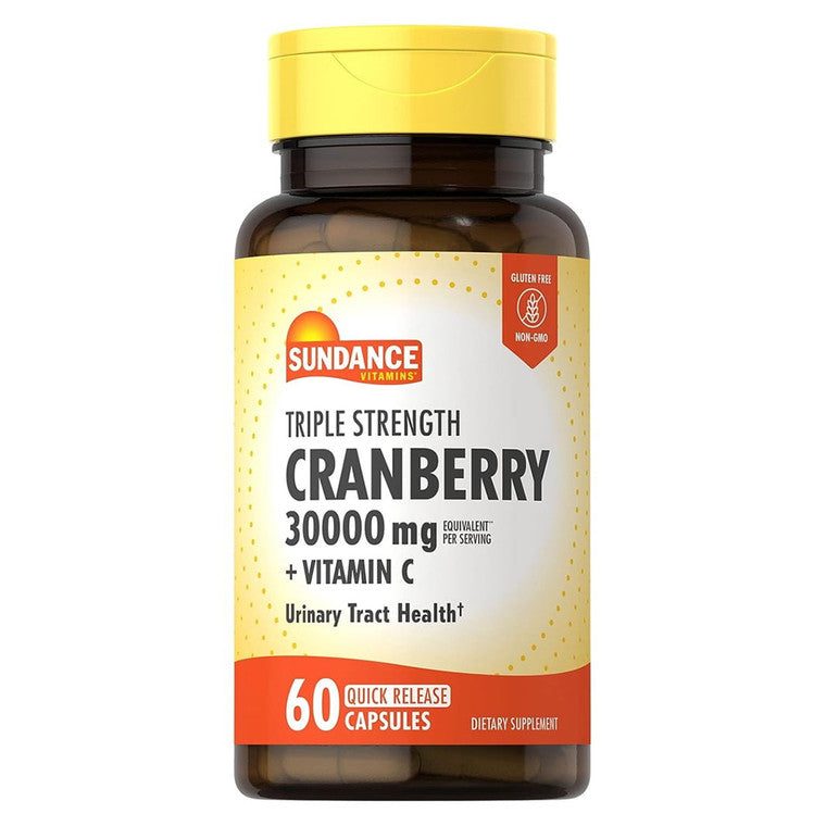 Sundance Vitamins Ultra Triple Strength Cranberry 15,000 Mg with Vitamin C capsules, dietary supplement for urinary health.
