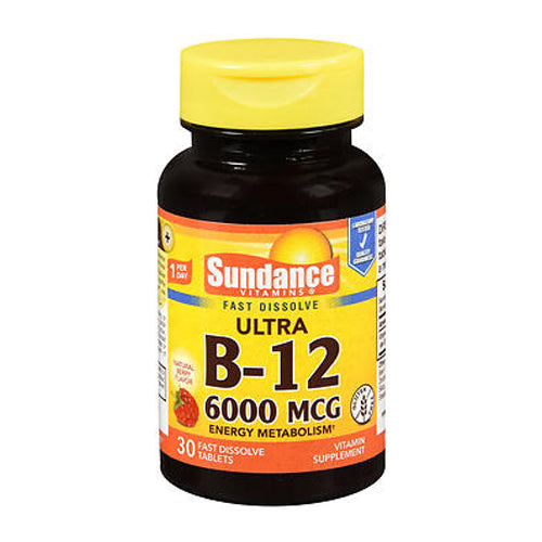Sundance Vitamins B12 6000mcg tablets from Pasteur Pharmacy, dietary supplement with vitamin B12 for energy and health.