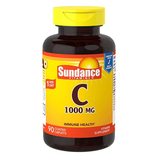 Sundance Vitamins Vitamin C 1000 mg coated caplets in a bottle, dietary supplement for immune support, by Pasteur Pharmacy.