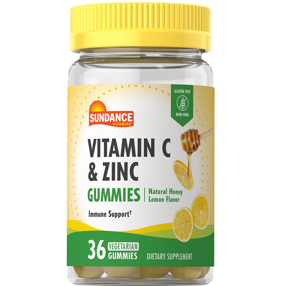 Sundance Vitamins Vitamin C and Zinc vegetarian gummies in a colorful bottle, dietary supplement for immune support