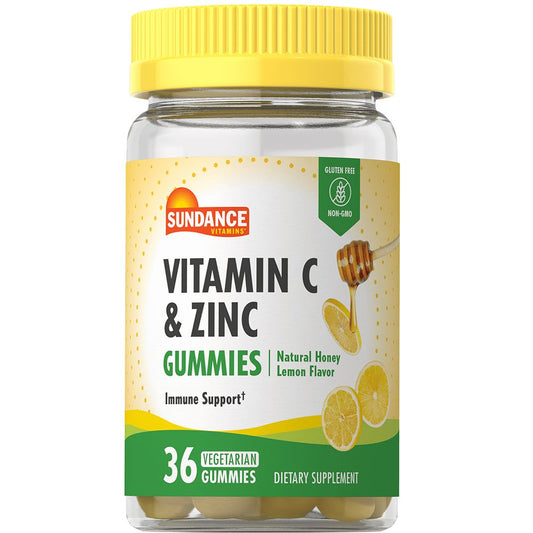 Sundance Vitamins Vitamin C + Zinc vegetarian gummies in colorful, fruit-flavored chewable supplement bottles.