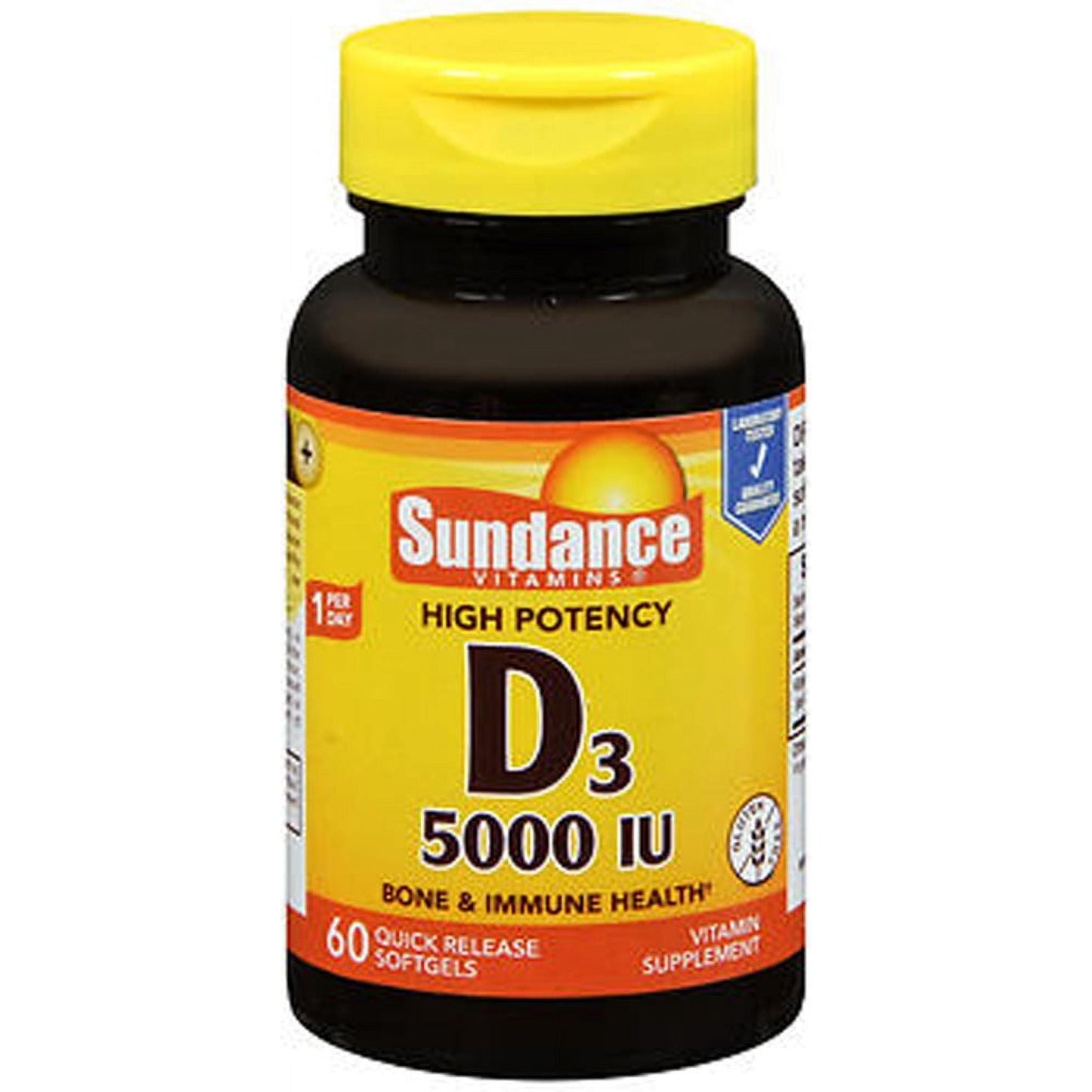 Bottle of Sundance Vitamins Vitamin D3 High Potency softgels from Pasteur Pharmacy, supplement for bone health and immune support