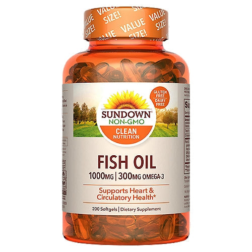Sundown Naturals Fish Oil 1000 Mg softgels, Omega 3 vitamins and supplements in clear softgel capsules.