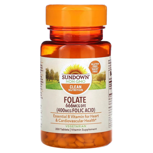 Sundown Naturals Folic Acid 400 mcg tablets in a bottle, dietary supplement for supporting healthy cell growth and prenatal health.