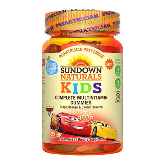 Sundown Naturals Kids Complete Multivitamin Disney Pixar Cars Gummies in colorful vitamin bottles with character images