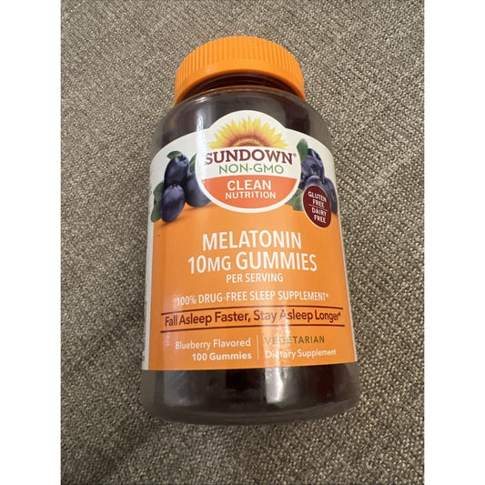 Sundown Naturals Melatonin Gummies in blueberry flavor, 10mg, dietary supplement for sleep support, displayed in a clear jar.