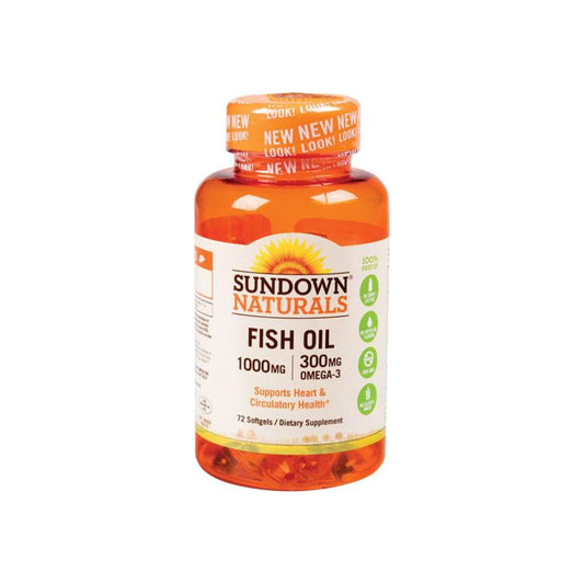 Sundown Naturals Fish Oil 1000 Mg bottle, dietary supplement for heart health, in a white bottle with blue label.