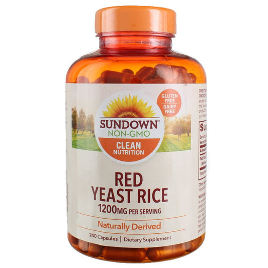 Red Yeast Rice capsules by Sundown Naturals, 1200 mg, in clear gelatin capsules, displayed in a supplement bottle.