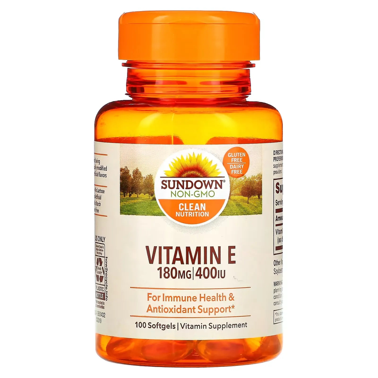 Sundown Naturals Vitamin E softgels 180 mg (400 IU) in a bottle, dietary supplement for skin and antioxidant support.