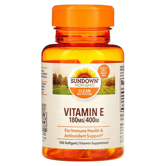 Sundown Naturals Vitamin E softgels 180 mg (400 IU) in a bottle, dietary supplement for skin and antioxidant support.