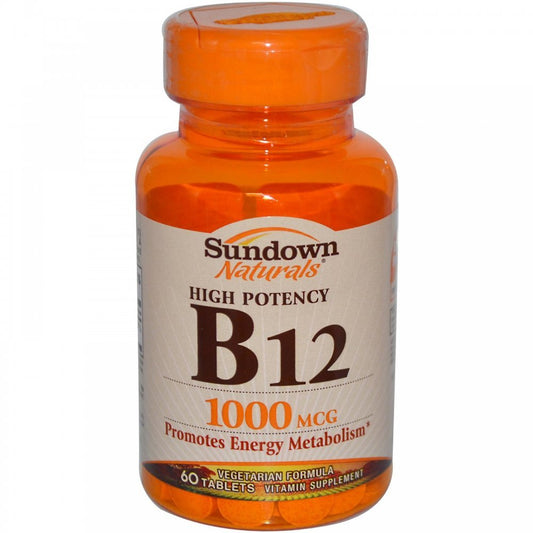 Sundown Vitamin B-12 high potency 1000 mcg tablets in a bottle, part of Pasteur Pharmacy's vitamins and supplements collection.