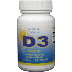 Sunshine Vitamin D3 tablets by Pasteur Pharmacy, 5000 IU, bottle of 60 vitamin D3 supplement capsules.