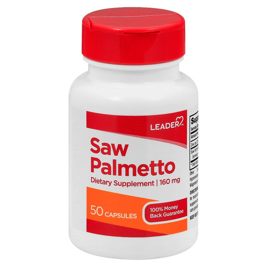The Leader Saw Palmetto supplement bottle from Pasteur Pharmacy, featuring label details and product branding.