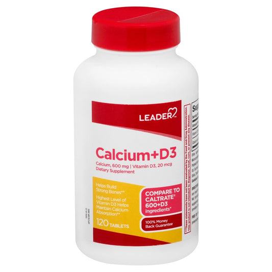 The Leader Tablets Calcium + D3 supplement bottles from Pasteur Pharmacy with tablets and label visible.
