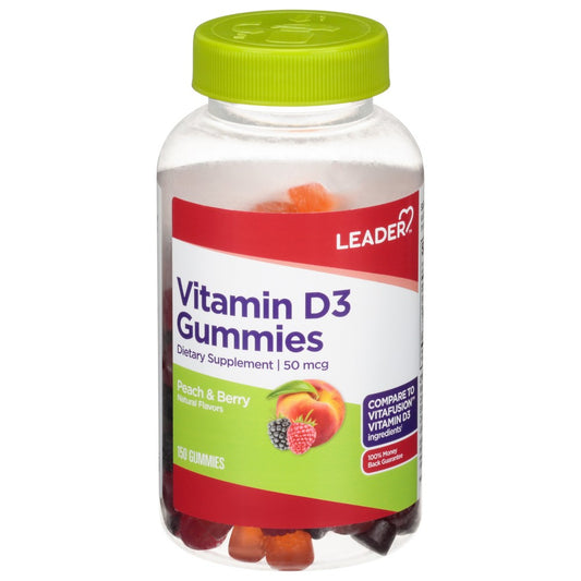 The Leader™ Vitamin D3 Gummies by Pasteur Pharmacy in a bottle, showing soft, orange gummies for vitamin D3 supplementation.