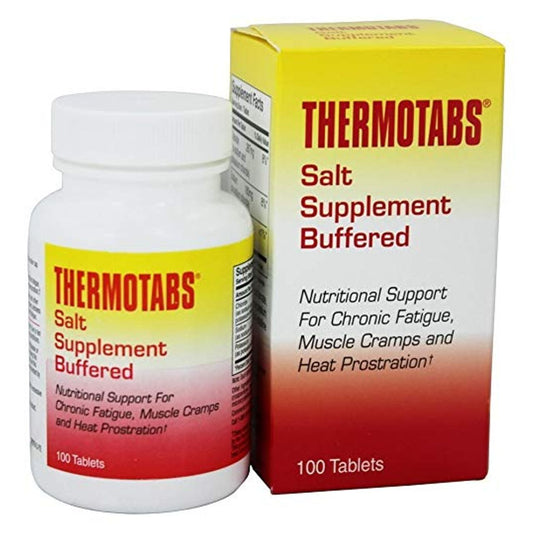 Pack of Thermotabs Buffered Salt Supplement Tablets in a bottle, designed for vitamins and supplements by Pasteur Pharmacy.