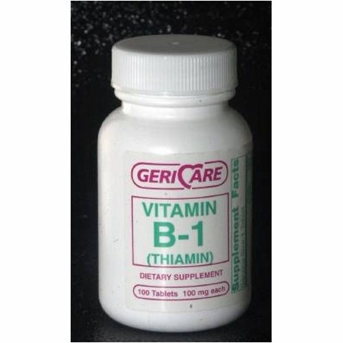 Thiamin Vitamin B-1 supplement by Pasteur Pharmacy, 100 tablets of 100mg each, in a bottle of vitamins and supplements.