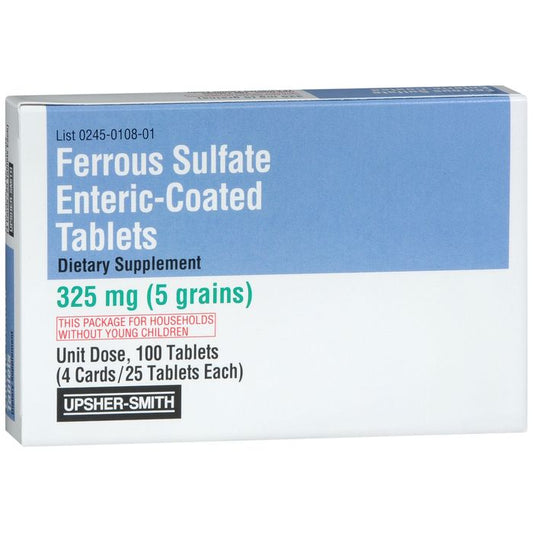 Upsher-Smith Ferrous Sulfate enteric-coated tablets, 325mg, bottle of 100 vitamin and supplement tablets.