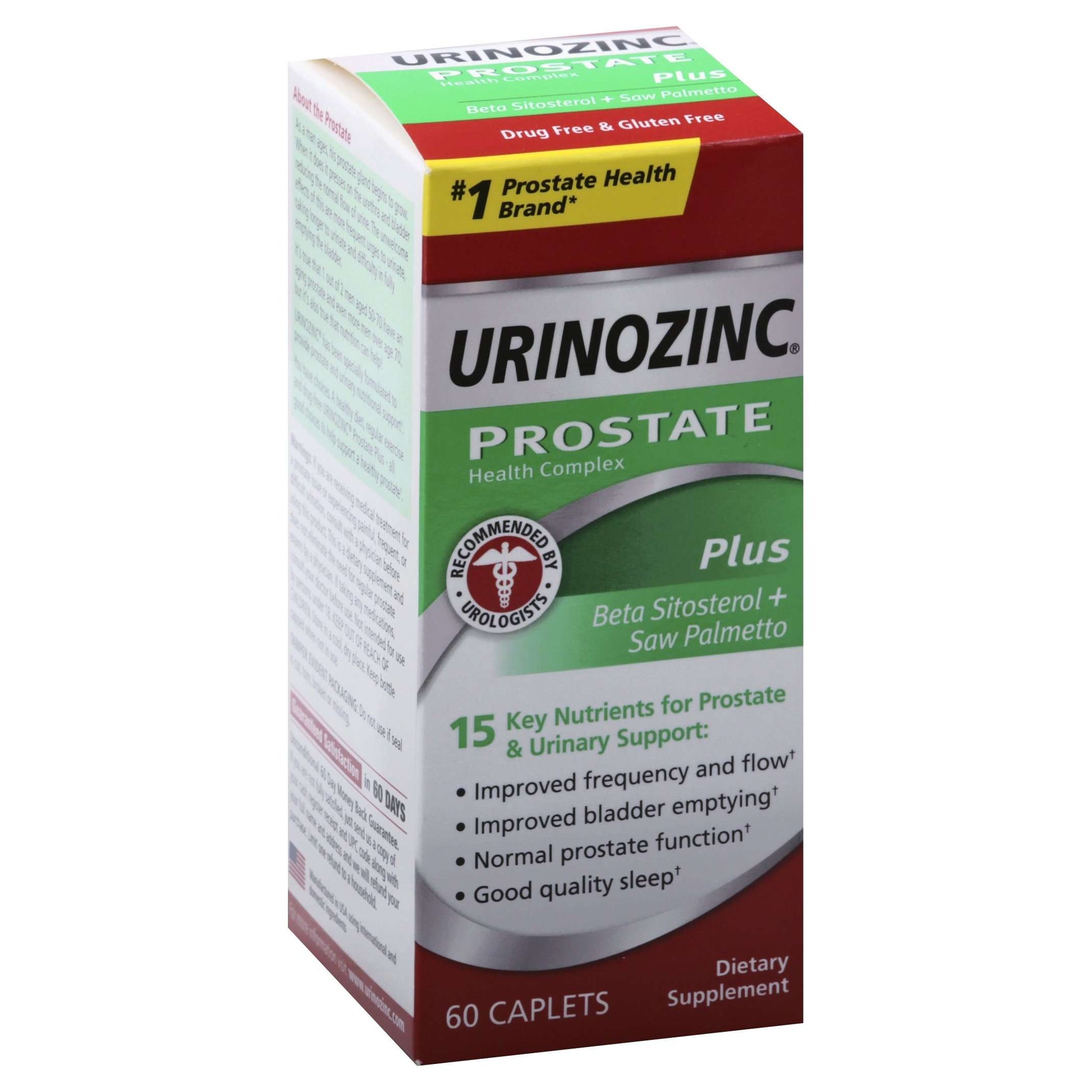 Urinozinc Prostate Plus vitamin supplements with Beta-Sitosterol and Saw Palmetto in 60 caplets for prostate health.