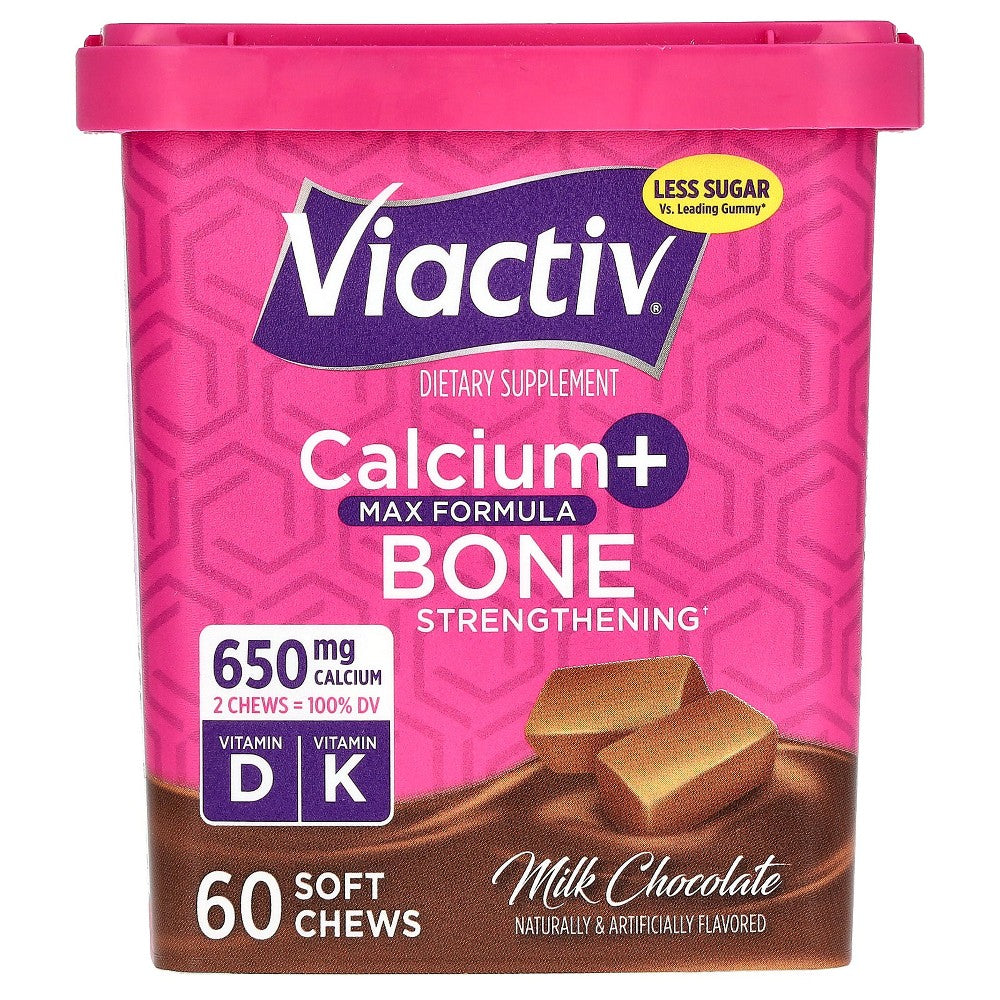 Viactiv Calcium and Bone Strengthening Soft Chews in milk chocolate, 60 count, dietary supplement for bone health.