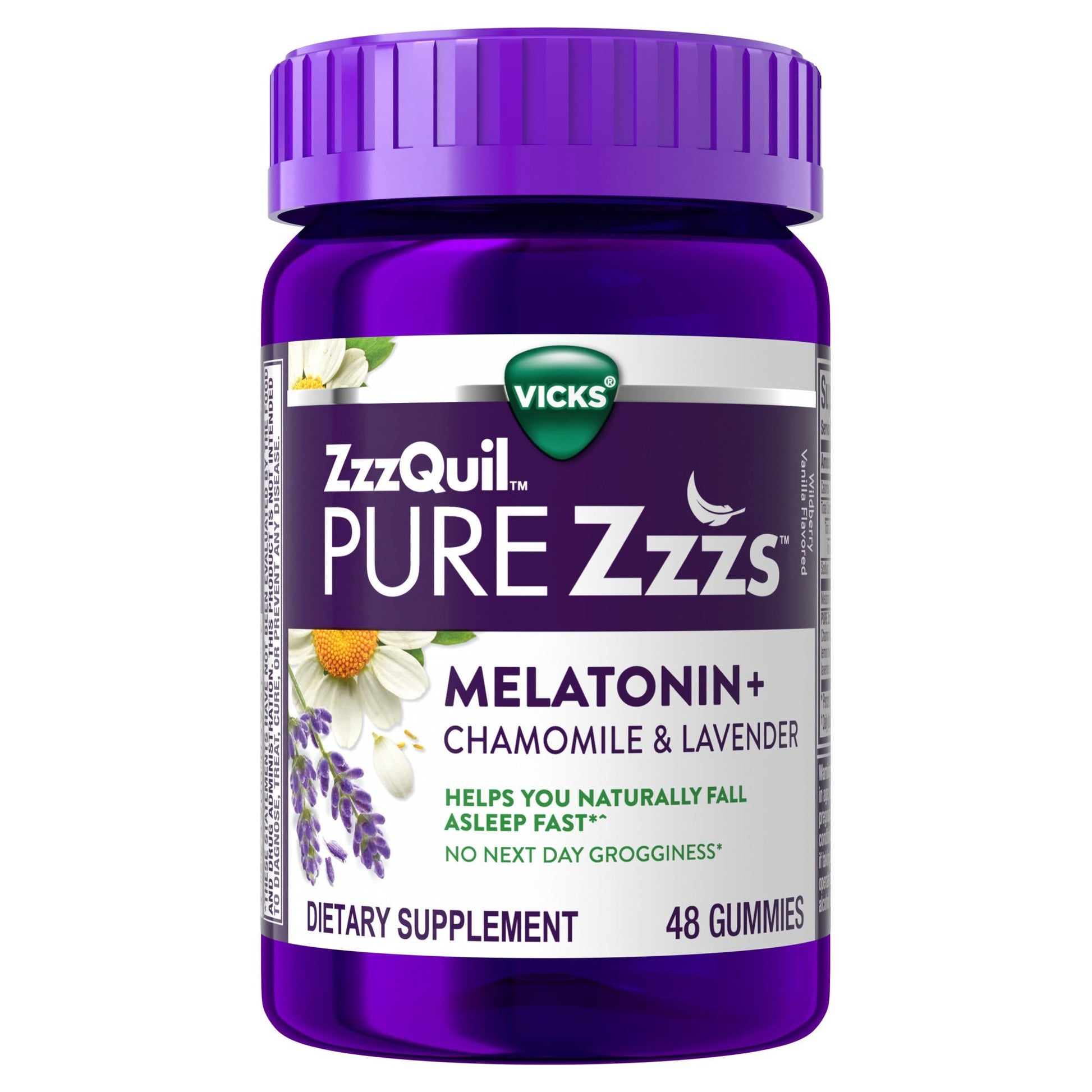 Vicks Zzzquil Pure Zzzs Melatonin Gummies sleep aid with chamomile and lavender, wildberry vanilla flavor, for adults, 48 count.